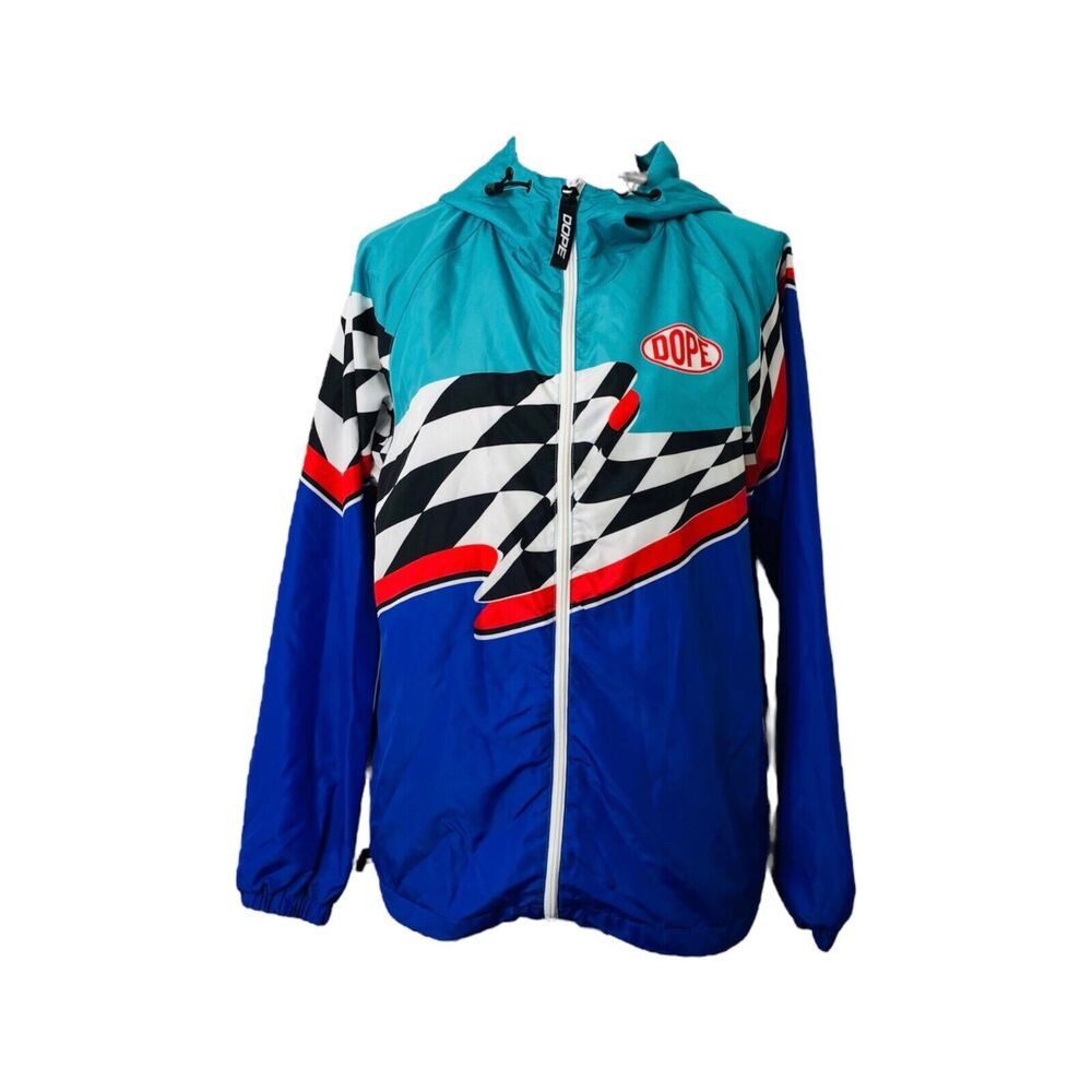 Dope Racing Jacket Men's Blue Circuit Windbreaker Full Zip Hooded Size Small